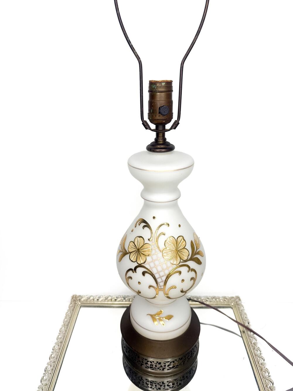 1950s Hollywood Regency Gold & White Floral Satin Glass Lamp Base